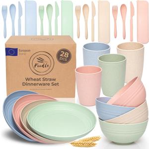 FOODLE Wheat Straw Dinnerware Set - BPA Free & Safety Tested - Dishwasher & Microwave Safe - Toddler & Kids Plates and Bowls Sets - Plastic Plates Reusable - Perfect for RV, Camping Dishes - For 4 (Beige, Green, Blue & Pink)