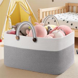 OIAHOMY 75L Large Blanket Basket, 22x17x12 Rectangle Woven Baskets For Storage, Nursery Blanket Storage Living Room, Toy Box With Long Handle-Gradient Grey With White