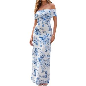 KUTUMAI Women Off Shoulder Bodycon Maxi Long Dress Mesh Ruched Elegant Formal Wedding Guest Dresses (Small, Bluefloral)