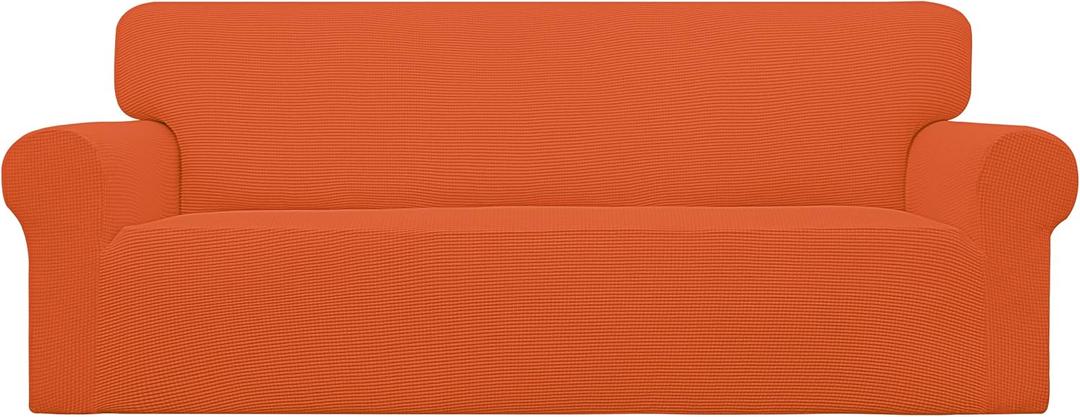 Easy-Going Stretch Sofa Slipcover 1-Piece Sofa Cover Furniture Protector Couch Soft with Elastic Bottom for Kids, Polyester Spandex Jacquard Fabric Small Checks (Sofa, Orange)