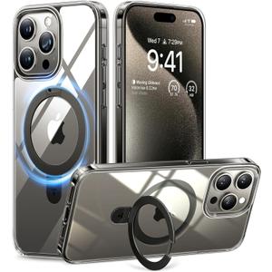 TORRAS Magnetic Ostand for iPhone 15 Pro Max Case, Military Grade Drop Tested, Compatible with MagSafe, Built in Kickstand, Clear Slim Hard Back Soft Edge 6.7" 2023, Clear Grey