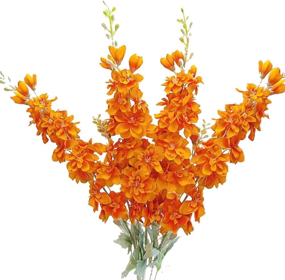 Fall Artificial Delphinium Flowers Orange Silk Larkspur Faux Snapdragon Long Stem Fake Plant Spray Arrangement for Home Garden Wedding Arrangement Table Vase Decor (Orange)