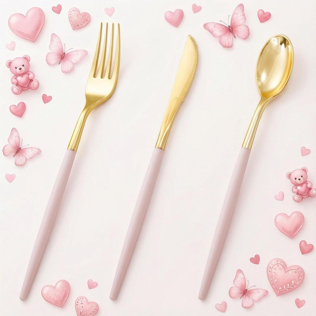 I00000 60 Pack Pink Plastic Silverware,Gold Disposable Flatware with Pink Handle, Gold Plastic Cutlery Set Includes: 20 Forks, 20 Knives and 20 Spoons, Tableware Set for Party and Wedding