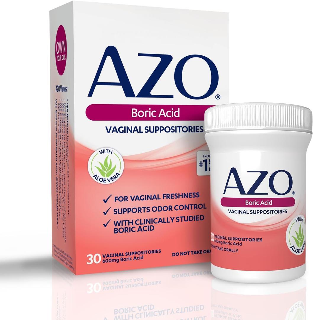 AZO Boric Acid Vaginal Suppositories, Helps Support Odor Control and Intimate Health with Clinically Studied Boric Acid, Non-GMO, 30 Count, Best By 07/2026