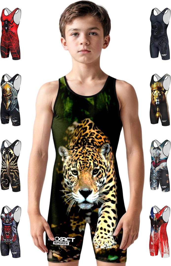 Exxact Sports Sublimated Adult & Youth Wrestling Singlet - Premium Powerlifting Singlet for Men & Boys, Unisex Singlets (Medium, Leopard)