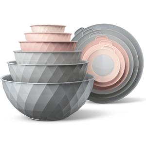 COOK WITH COLOR Mixing Bowls with Lids - 12 Piece Plastic Nesting Bowls Set includes 6 Prep Bowls and 6 Lids, Diamond Design - Microwave Safe, Pink and Grey