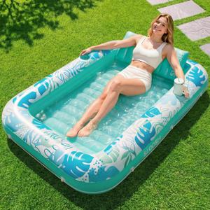 SLOOSH Inflatable Tanning Pool Lounger Float, 70" x 46" Pool Floats Adult with Pillow, 4 in 1 Suntan Tub Raft Floatie,Sunbathing Bed Lounge for Water Blow Up Kids Ball Pit Party Gifts, L-Cyan White