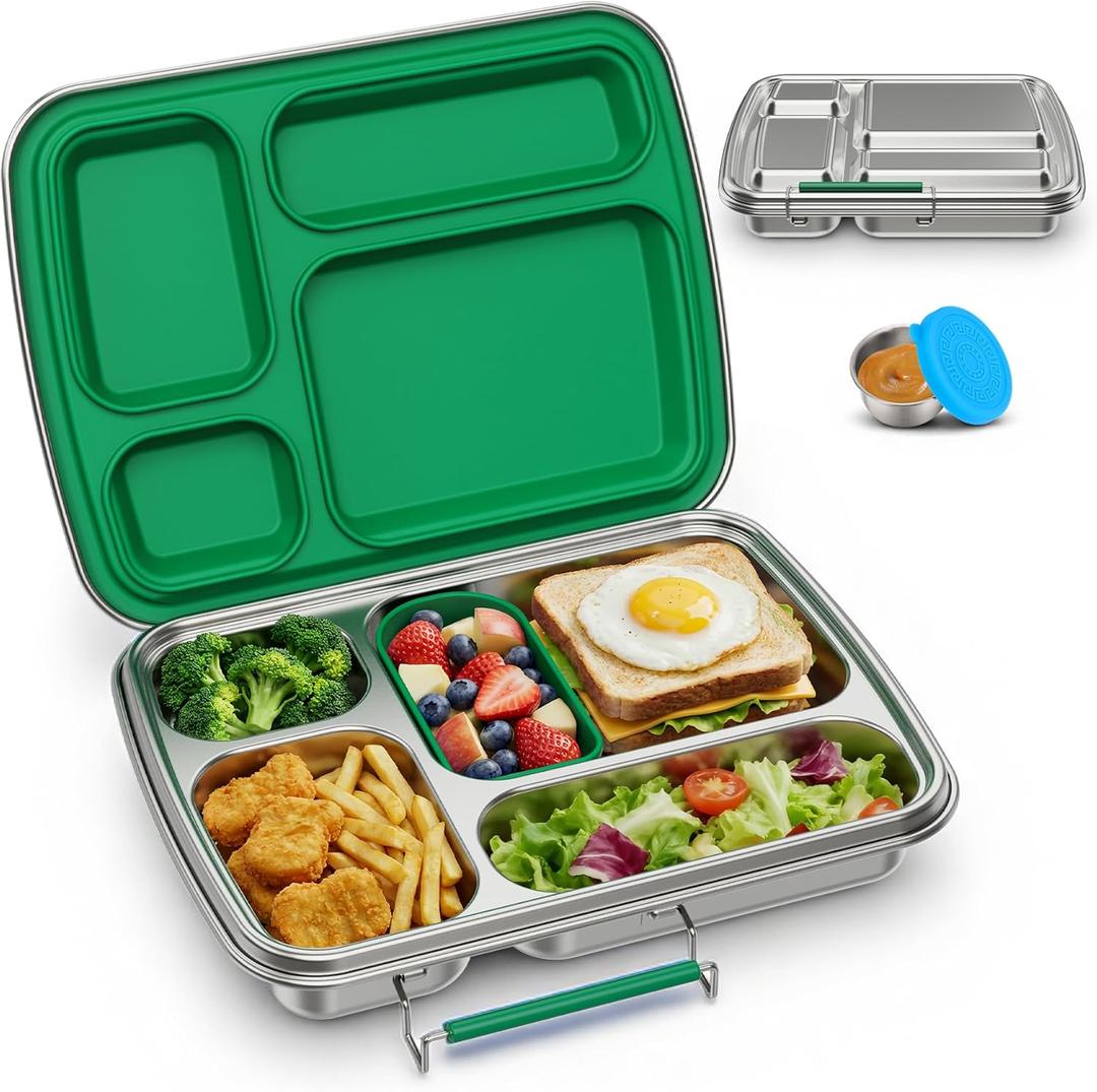 Stainless Steel Bento Lunch Box for Kids & Adults, 4 Compartment Kids Lunch Box, Metal Bento Box with Silicone Container and Stainless Steel Sauce Container,BPA-Free,School,Office(Green)