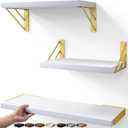 BAYKA Wall Shelves for Bedroom Decor, Floating Wall Shelves for Living Room Kitchen Storage, Wall Mounted Rustic Wood Shelves for Kids Books,Corner Shelves for Bathroom(White and GoldSet of 3)