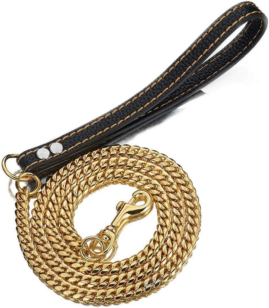 Strong Dog Chain Gold Leash Long 3FT 4FT 5FT 18K Stainless Steel 12mm Curb Cuban Link Dog Leash with Comfortable Genuine Leather Handle (Gold, 5FT)