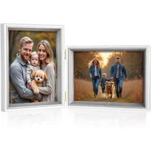 Double Picture Frame 5x7 Vertical and Horizontal Hinged Picture Frames stand on Desktop Folding Photo Frame for Tabletop Display(Grey,5x7-7x5)