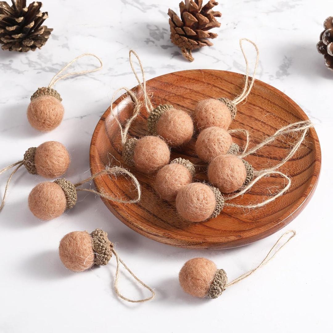 Boao 18 Pcs Felt Acorn Ornaments Christmas Thanksgiving Wool Pom Acorn Ball Decor Hanging Pine Cone Garland with 32.8 ft Rope for Fall Tree Woodland Farmhouse Mantel Wall Decor (Khaki)