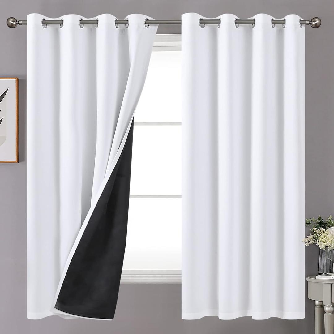YoungsTex Insulated 100% Blackout Curtains for Bedroom 52 X 63 Inch, Grommet Thermal Black Out Drapes for Living Room Window Full Light Blocking Privacy with Thick Liner, 2 Panels, Pure White