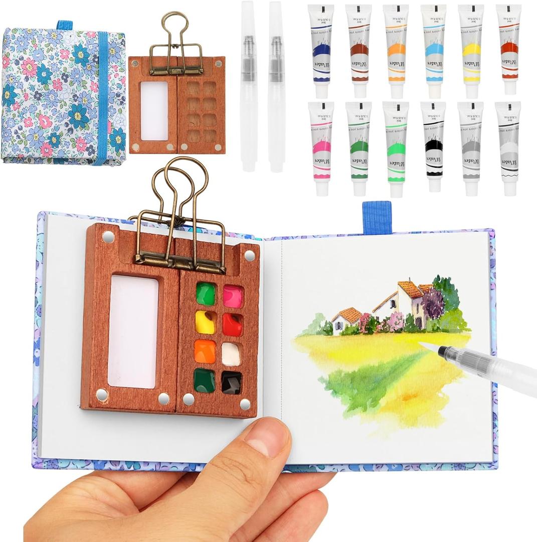 Travel Watercolor SetMini Paint Palette Travel kitMini Water Color Paint SetWooden 8 Grid Paint Box,12 Colors Small Watercolor Sketchbook for Artists Painters Students (12-blue)