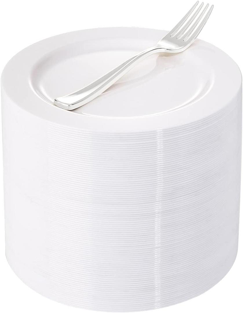 WELLIFE 100 Pieces White Plastic Dessert Plates with 100pcs Silver Disposable Forks, Premium Hard Salad Plate 7.5, Appetizer Plastic Plates for Wedding, Party