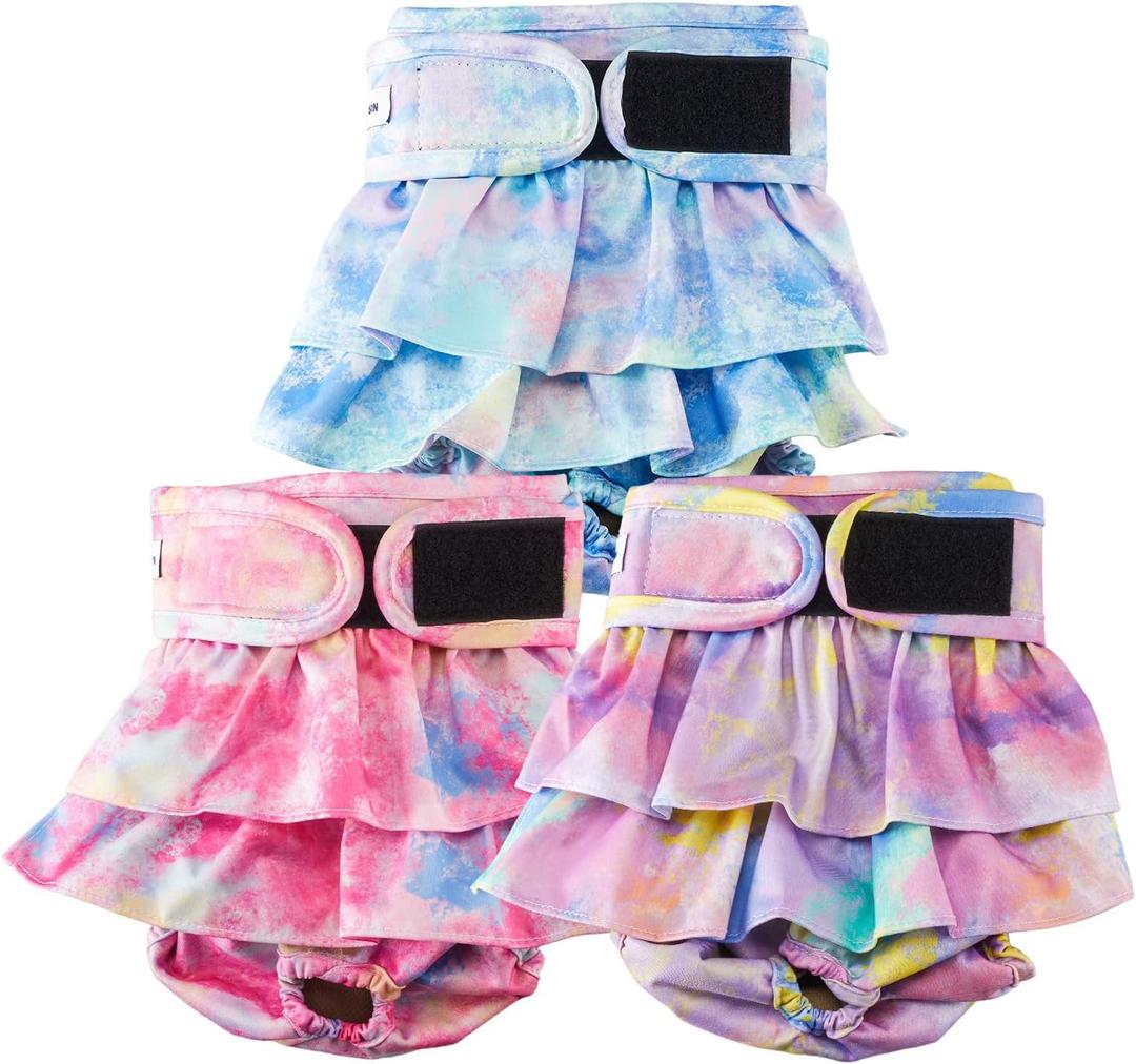 Reusable Dog Diapers Female Washable, Premium Doggie Diaper for Dogs, Pack of 3, Highly Absorbent Small Dog Diaper for Heat, Incontinence and Puppy Training, Multicolor Tie-Dye (S)