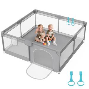 Baby Playpen 64"x64" Square for Toddlers Tool-Free with Pull Up Rings | Sturdy Suction Base, No Wobble, 360 Breathable Mesh, Foam-Padded Top & Posts, BPA-Free Oxford 27"Ht, Easy-Clean, Grey