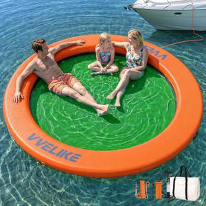 Vvelike Inflatable Floating Water Hammock for Adults, Float Circle Paddle Dock Lake Island Boat Pool Rafts, Large Size Round Ring Floaties Swim Deck Platform Family Party (Light Green+Orange, 8ft)