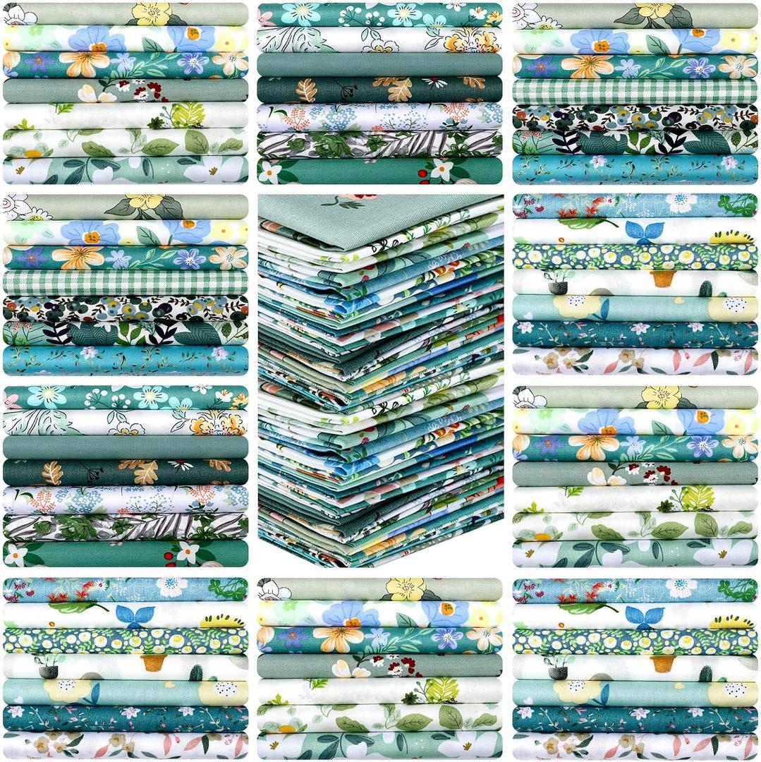 Tudomro 70 Pcs 10 x 10 Inch Green Floral Cotton Fabric Square for Quilting Sage Mint Green Sewing Precut Fabric Bundle Assorted Flower Printed Patchwork Materials for Holiday DIY Craft Handmade Cloth
