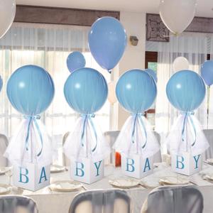 Wettarn 4 Set Blue Boy Baby Shower Table Centerpiece Decor 24'' Tulle Tutu Balloon with Letter Boxes Gender Reveal Centerpiece Balloon with White Tulle Cover, Stand, Boxes for Girl Boy Birthday Party