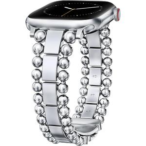 TOYOUTHS Beaded Bracelet Compatible with Apple Watch Bands 38/40/41/42/44/45/46/49mm Women, Dressy Fancy Stainless Steel Metal Elegant Jewelry Strap for iWatch Series 11 10 9 8 7 6 5 4 Ultra/SE 3 2 1 (Silver)