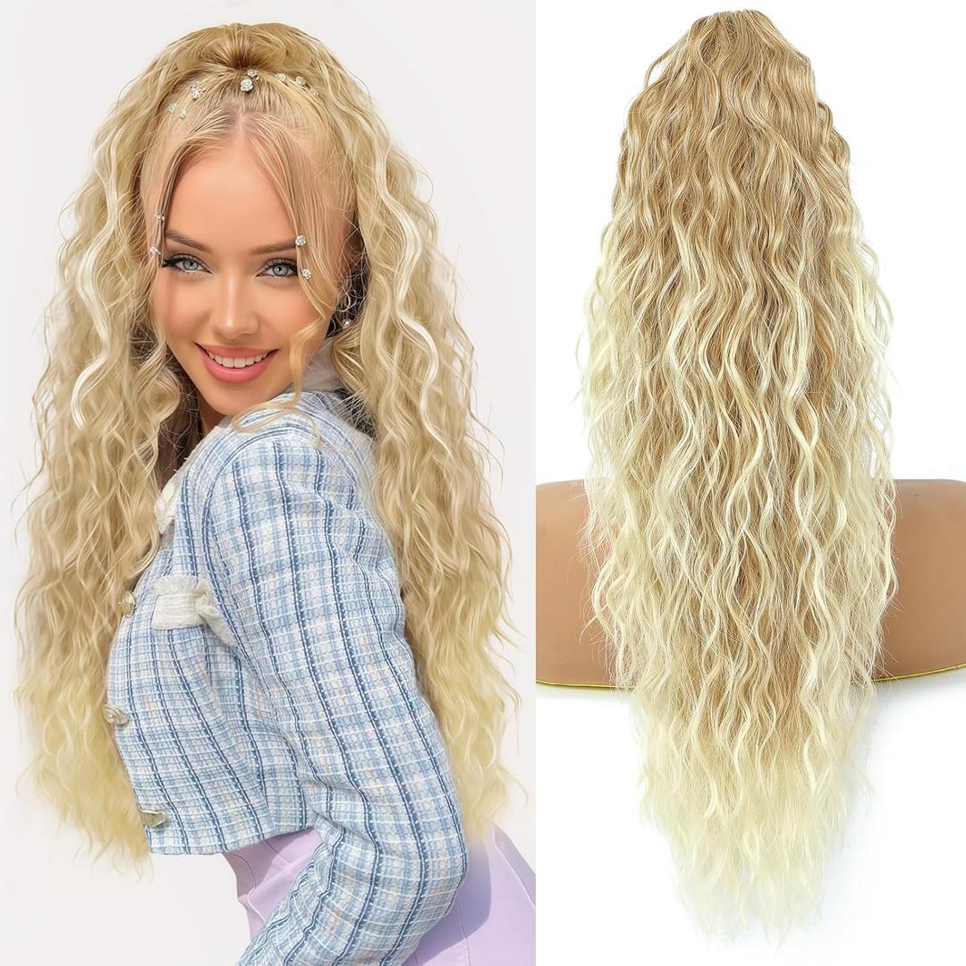 LEDIZE Ponytail Extension, Claw Clip on Pony tails Hair Extension for Women 22 Inch Long Wavy Curly Fake Ponytail Clip in Hair Pieces for Women Fluffy Natural Looking (Blond To Light Blonde)