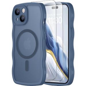 2 x SPIDERCASE Magnetic for iPhone 15 Case, [Curly Wavy Edge] with [2 Tempered Glass Screen Protector] [Full Camera Protection] Anti-Fingerprint Anti-Scratch Case for iPhone 15 6.1”, Blue