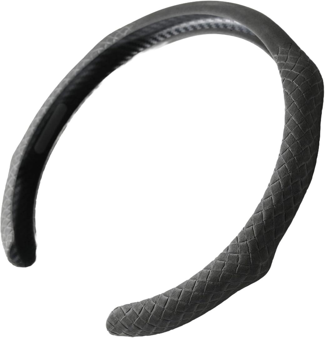 Quick Install Sporty Suede Leather Car Steering Wheel Cover with Braided Grips for All 14" to 15" Sedan Coupe SUV Pickup 14.5 to 15 inches