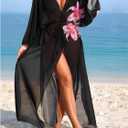 OYOANGLE Women's Swimsuit Cover Up Floral Long Sleeve Sheer Long Kimono Cardigans Beach Coverups (M)