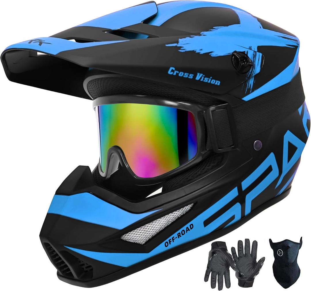 Motocross Helmet,Youth Adult ATV Dirt Bike Motorcycle Helmet,BMX 4-Wheeler Off-Road Mountain Bike Helmet,DOT Certified,W/Gloves Goggles Mask 4-Piece Set (X Blue, Small)