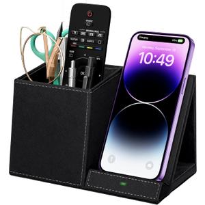 Desk Supplies Organizer, Multi-Functional Pencil Pen Holder with Wireless Charger, Desktop Stationery Organizer, Home Office Supply Storage Box Caddy (Black)