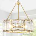 6 Lights Modern Brushed Gold Chandelier, 18.19" Textured Glass Drum Chandeliers for Dining Room Over Table, Hanging Light Fixture for Kitchen Island Living Room Foyer Entryway Bedroom, UL Listed