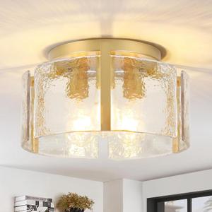 Gold Semi Flush Mount Ceiling Light,15''Modern Hallway Light Fixtures Ceiling Mount,3-Light Drum Glass Ceiling Lights for Kitchen Entryway Foyer Dining Room Bedroom Laundry