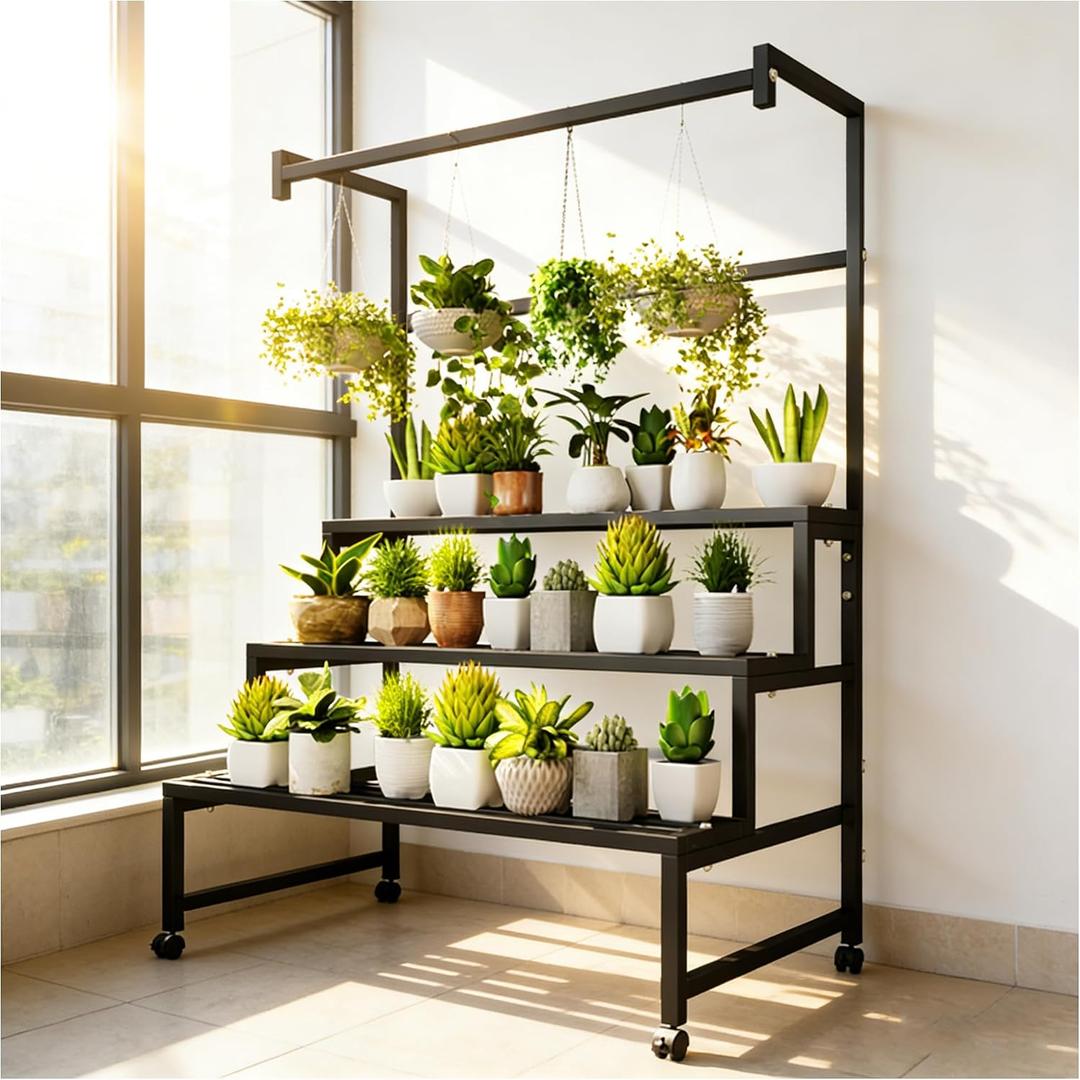 4-Tier Metal Plant Stand on Wheels, 47x24x65 H, 440 lbs Cap.