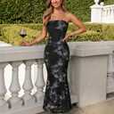 MEROKEETY Women's Floral Strapless Maxi Dress 2026 Summer Mesh Tube Bodycon Formal Wedding Guest Cocktail Party Long Dresses (Black, L)