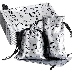 Wesnoy 24 Pcs Music Notes Gift Bags Musical Note Drawstring Treat Bag Music Decorations Party Favor for Musician Gifts Social Media Musical Party Supplies(5 x 7,Black on the Silver)