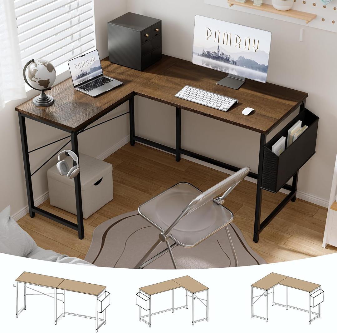 Pamray 47 Inch Reversible L Shaped Gaming Desk Corner Computer Desk with Storage Bag Home Office Table for Writing Study Brown