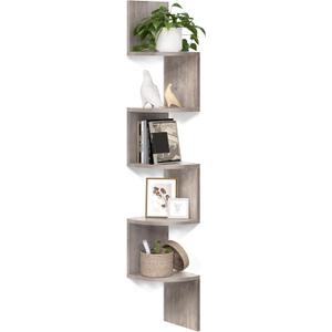 VASAGLE Corner Shelf Wall Mount, 5-Tier Floating Corner Bookshelf, Plant Shelf for Bedroom, Living Room, Bathroom, Home Office, Heather Greige