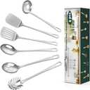 6 Pcs Cooking Utensils Set, Stainless Steel Kitchen Utensils, Heat Resistant Metal Kitchen Tools Include Solid & Slotted Turner Wok Spatula, Serving Spoon, Ladle, Pasta Server, Easy to Clean, Silver