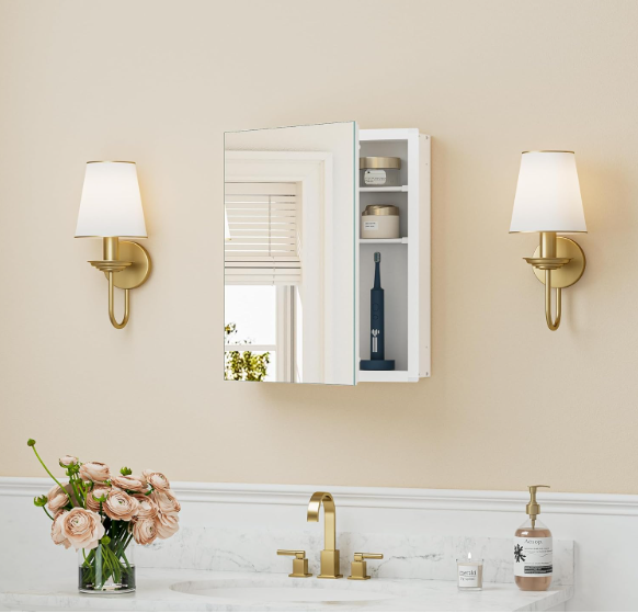 Keonjinn 14 x 18 Inch Small Medicine Cabinet, Assembly Required, White Bathroom Medicine Cabinets Mirror, Lightweight, Freely Adjustable Shelves, Tempered Glass, Soft Closing, Recessed or Wall Mount