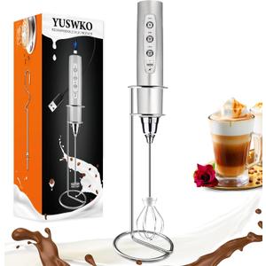 YUSWKO Silver Rechargeable Milk Frother for Coffee with Stand, Handheld Drink Mixer with 3 Heads 3 Speeds Electric Stirrers for Latte, Cappuccino, Hot Chocolate, Egg