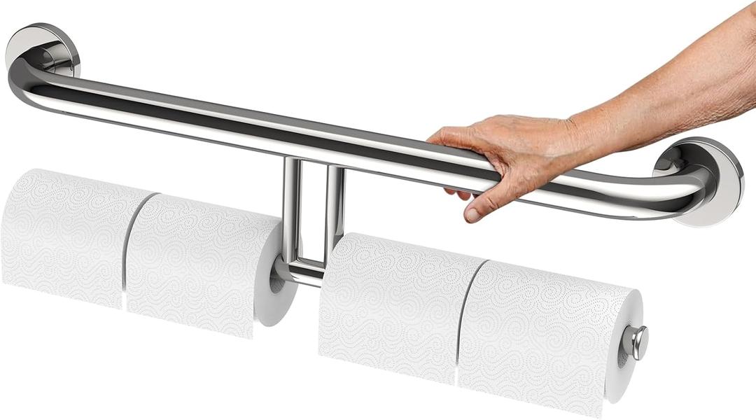 Chrome Double Toilet Paper Holder w/Safety Bar 24 inch, Zepolu 2-in-1 Assist Bar Balanced Support Handle, Stainless Steel Handrail Wall Mounted Bathroom Toilet Grab Bar for Senior Elderly Handicap
