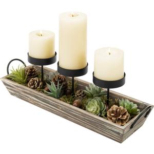 MyGift Solid Torched Wood Candlescape Display Tray Set with Metal Pillar Candle Holder and Decorative Fake Succulent Plants and Pine Cones - Holds 3 Candles