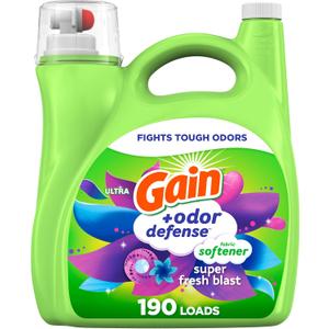 Gain Odor Defense Liquid Fabric Softener, Super Fresh Blast scent, 140 FL OZ, 190 loads, 2 in 1 Freshness plus Odor Protection