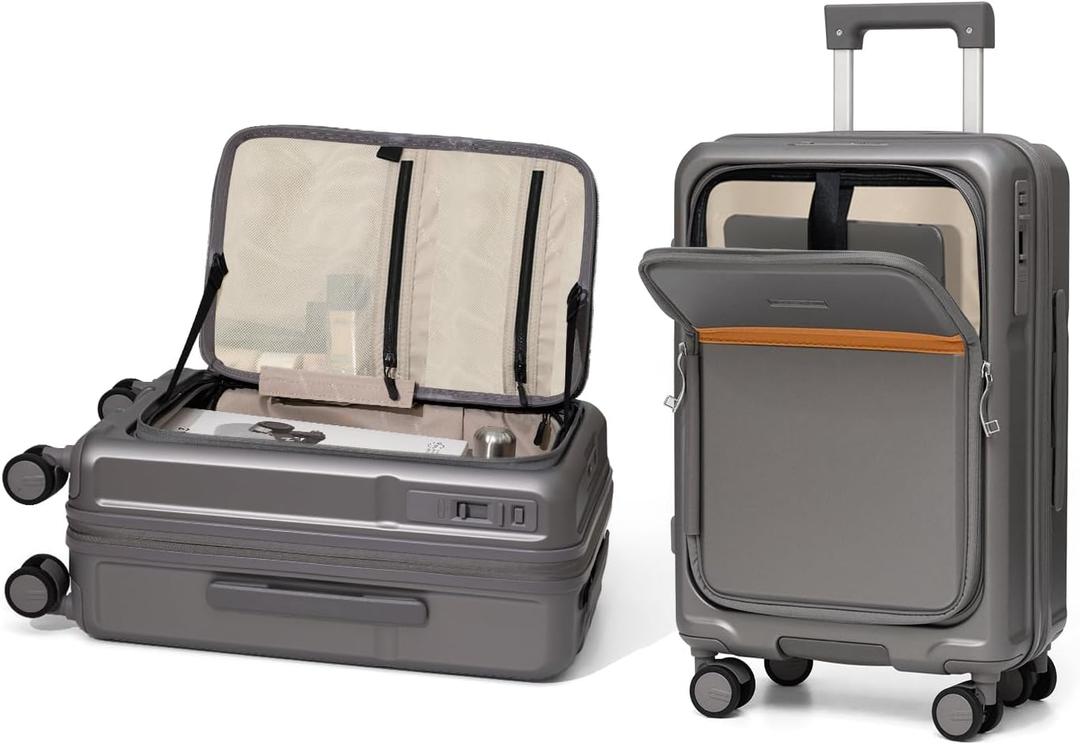 ROAMING Expandable 20 Inch Carry On Luggage With Mute Brake Wheels Airline Approved Hard Shell Suitcases with Front Pocket Top Opening Luggage with TSA Lock for Short Business Travel, Palm Grey