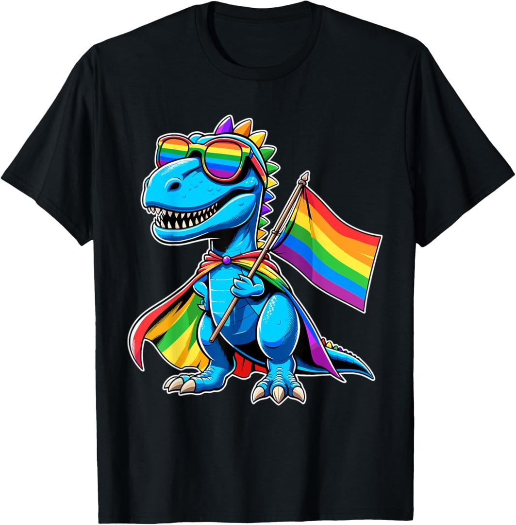 Dinosaur Gay Pride LGBT Rainbow Flag T-Shirt (Small, Black)