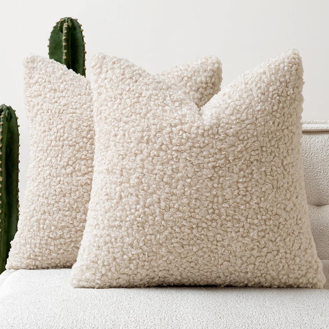 Woaboy Faux Fur Throw Pillow Covers 18x18 Inch Set of 2 Boucle Neutral Decorative Sherpa Fuzzy Accent Soft Sheepskin Fleece Cushions Modern Home Decor for Couch Sofa Bed Living Room,Beige