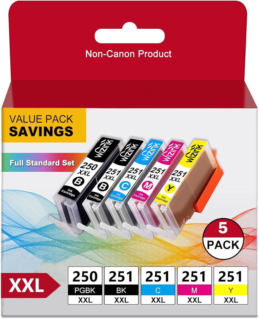 WIZINK Printer Ink 250 and 251 cartridges MX922 Ink Cartridges 250 pgbk CLI-251 XL Ink cartridges for PIXMA IX6820 MX920 IP8720 MG5520 MG5420 MG7520 MG7120 MG6320 IP7220 Printer, 5 Pack