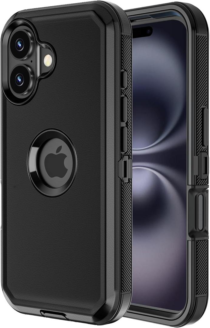Jiunai for iPhone 16 Plus Case Heavy Duty Strong Shockproof Port Protection Dustproof Screenless Dual Layer Tough Non Slip Protective Cover Rugged Phone Case for iPhone 16 Plus 6.7'' Men Women Black