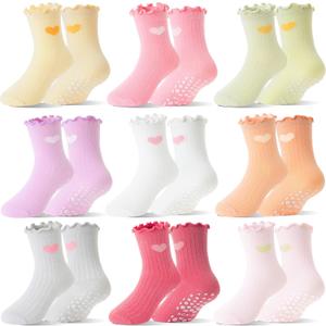 Baby Girls Toddlers Ruffle Grip Socks for Kids Non Slip Anti Skid Frilly Cute Funny Cotton Crew Grippers Socks 9 Pairs (3-5T, Heart)